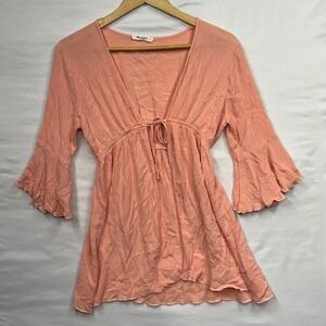 Mikey and Joey Peach Crinkle Bell Sleeve Babydoll Tie Front V Neck Tunic Top L